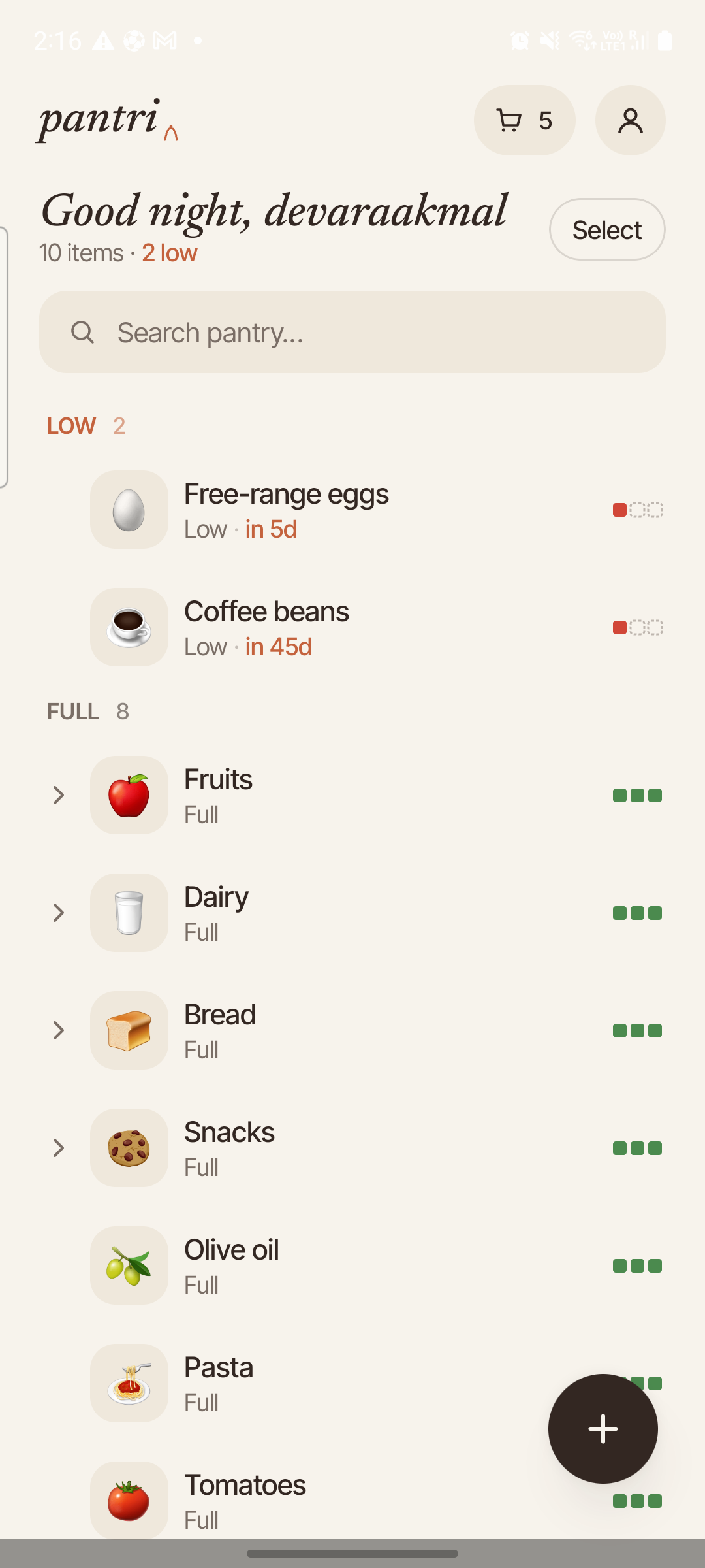 Pantri home screen with stock levels