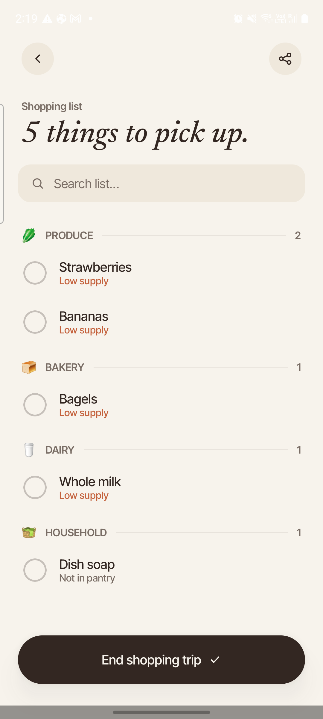 Shopping list with counter groups