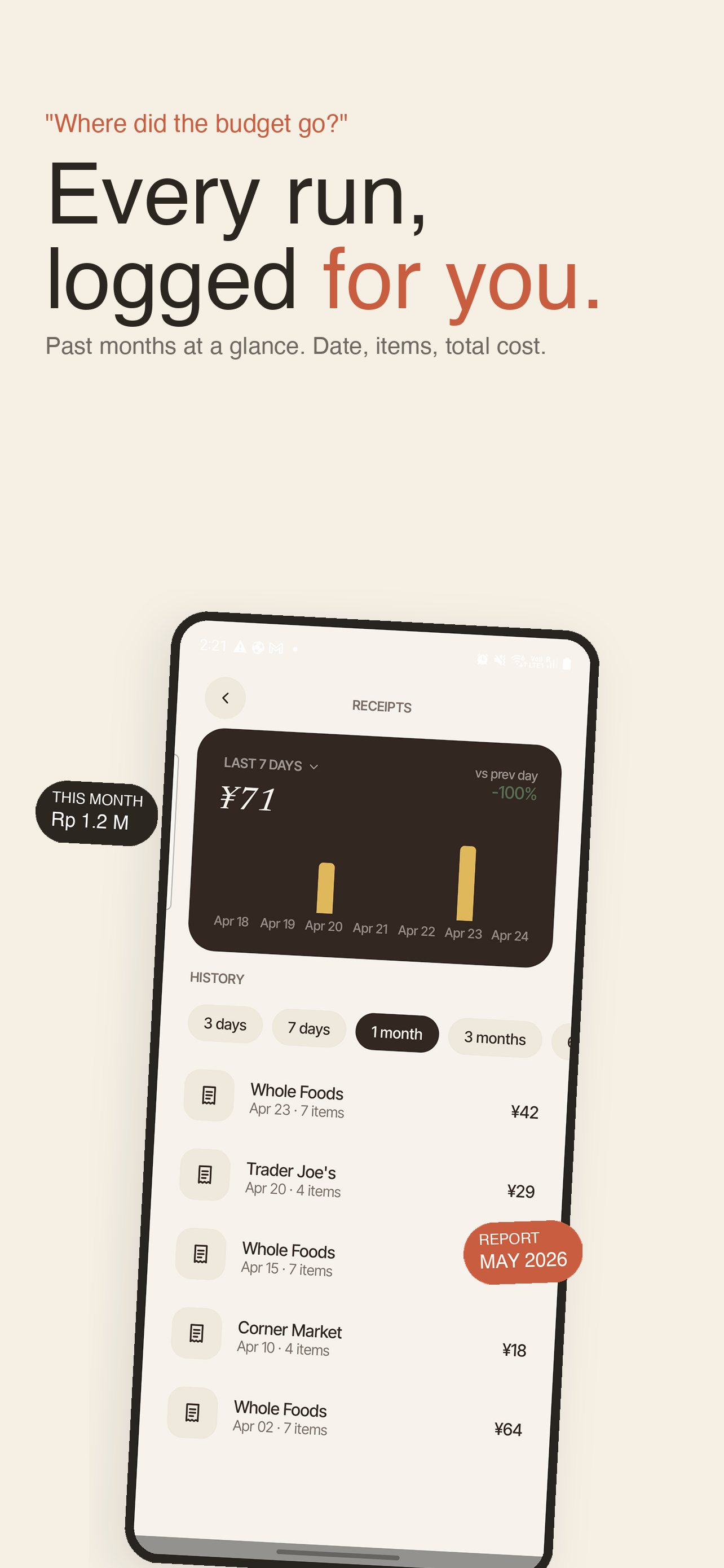 Every run logged — date, items, total cost, by month.